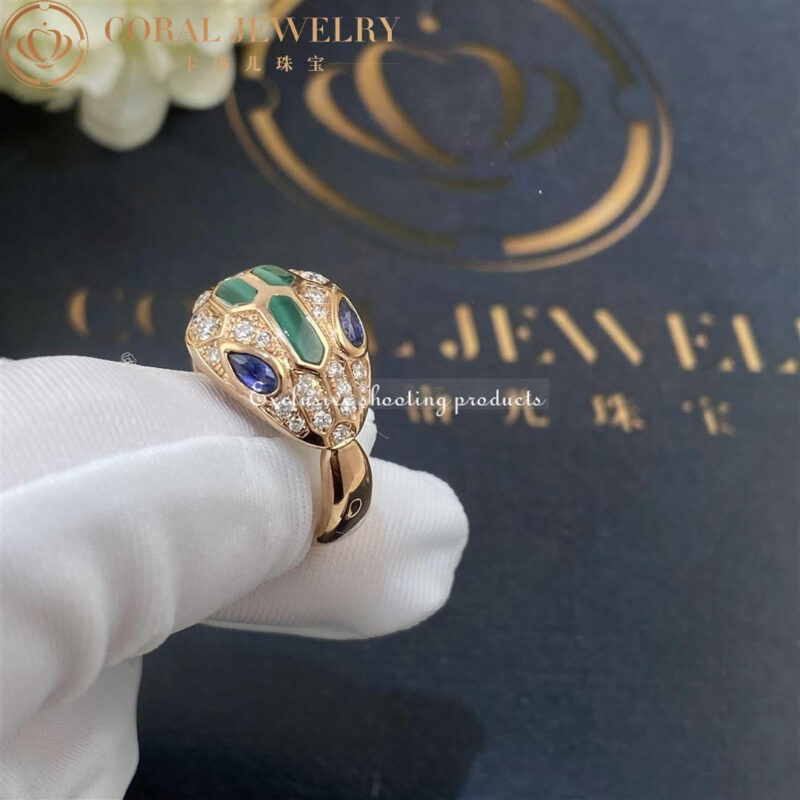 Bulgari Serpenti 356207 18 kt rose gold ring set with blue sapphire eyes malachite elements and pavé diamonds 2