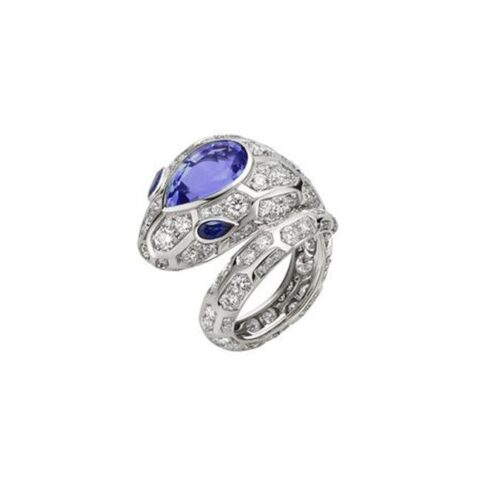 Bulgari Serpenti 355336 18 kt white gold ring set with a blue sapphire on the head emerald eyes and pavé diamonds 1