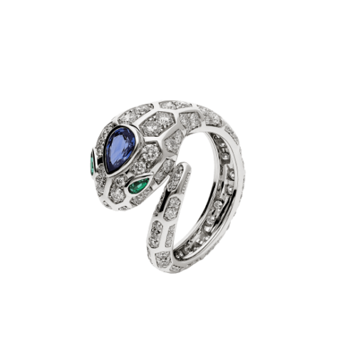 Bulgari Serpenti 355348 18 kt white gold ring set with a blue sapphire on the head emerald eyes and pavé diamonds 1