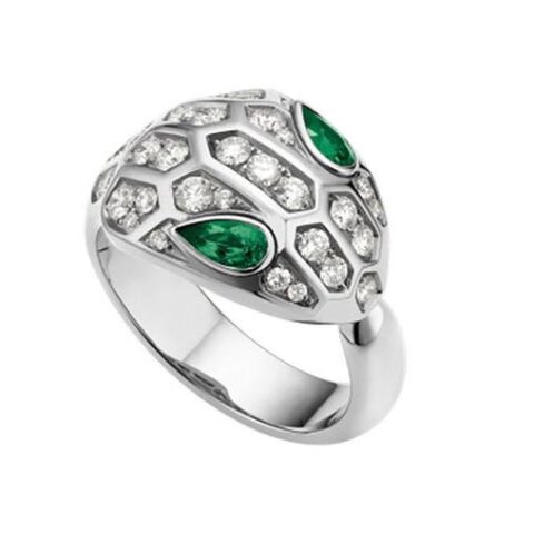 Bulgari Serpenti AN858255 18 kt white gold ring set with Emeralds eyes and pavé diamonds 1