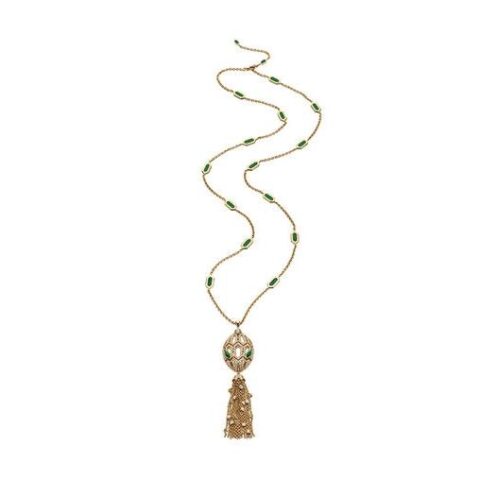 Bulgari Serpenti 354101 18 kt yellow gold necklace with tassel set with a diamond pavé diamonds and malachite eyes 1