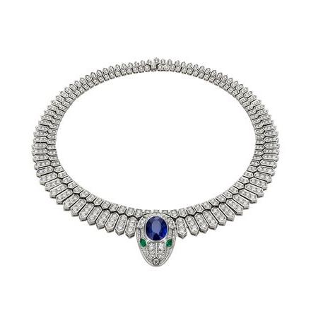 Bulgari Serpenti 262169 in white gold necklace set with a blue sapphire on the head emerald eyes and pavé diamonds 1