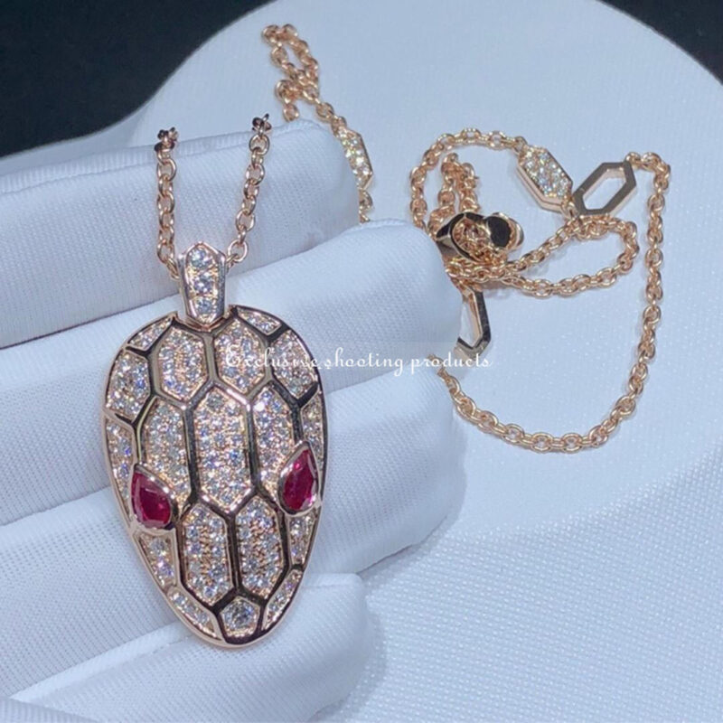 Bulgari Serpenti 352725 necklace in 18 kt rose gold set with rubellite eyes and with pavé diamonds 2