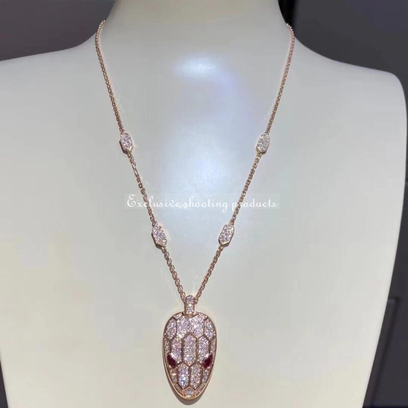 Bulgari Serpenti 352725 necklace in 18 kt rose gold set with rubellite eyes and with pavé diamonds 13