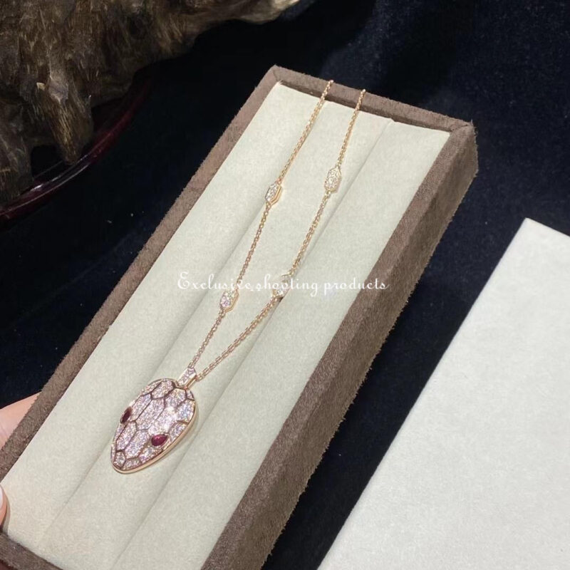 Bulgari Serpenti 352725 necklace in 18 kt rose gold set with rubellite eyes and with pavé diamonds 8