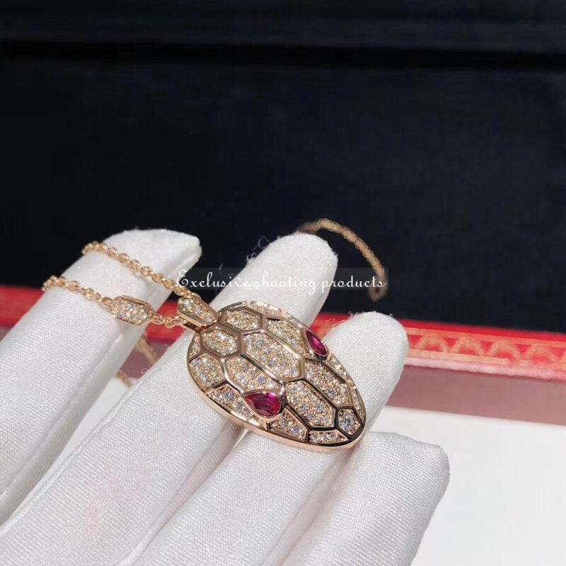 Bulgari Serpenti 352725 necklace in 18 kt rose gold set with rubellite eyes and with pavé diamonds 6