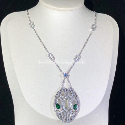 Bulgari Serpenti 352752 necklace in 18 kt white gold set with emerald eyes and pavé diamonds 16