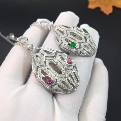 Bulgari Serpenti 352752-rubellite necklace in 18 kt white gold set with rubellite eyes and pavé diamonds both on the chain and the pendant 7