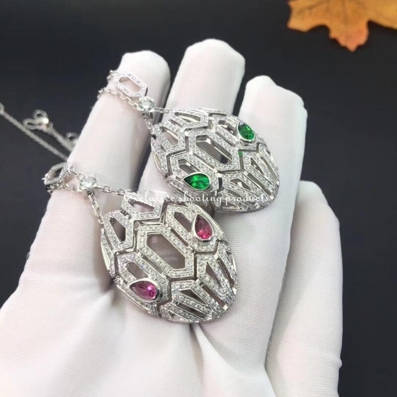 Bulgari Serpenti 352752-rubellite necklace in 18 kt white gold set with rubellite eyes and pavé diamonds both on the chain and the pendant 6