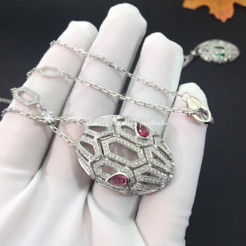 Bulgari Serpenti 352752-rubellite necklace in 18 kt white gold set with rubellite eyes and pavé diamonds both on the chain and the pendant 3