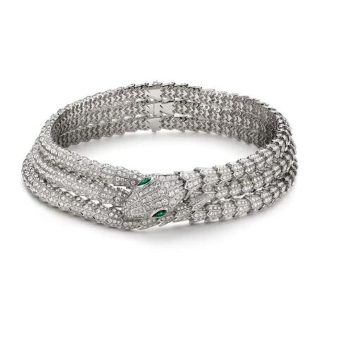 Bulgari Serpenti necklace in white gold set with two pear brilliant cut necklace emeralds and diamond pavé necklace 1