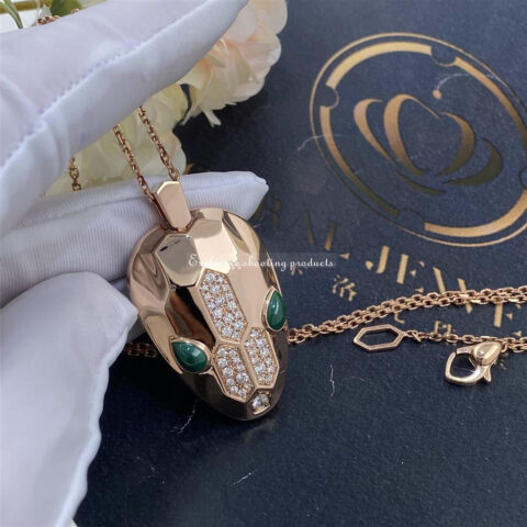 Bulgari Serpenti 352678 necklace with 18 kt rose gold pendant set with malachite eyes and demi pavé diamonds 6
