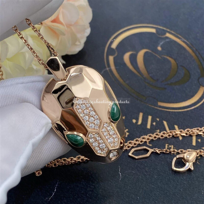 Bulgari Serpenti 352678 necklace with 18 kt rose gold pendant set with malachite eyes and demi pavé diamonds 5