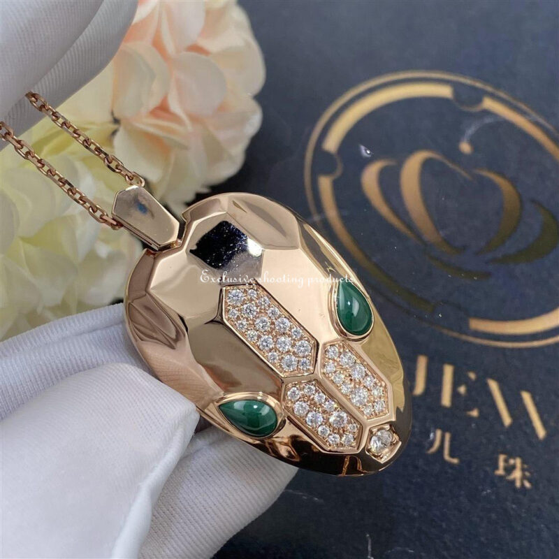 Bulgari Serpenti 352678 necklace with 18 kt rose gold pendant set with malachite eyes and demi pavé diamonds 4