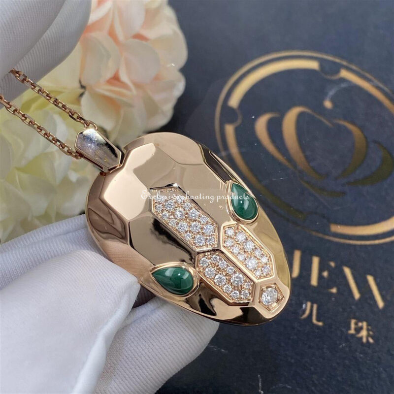 Bulgari Serpenti 352678 necklace with 18 kt rose gold pendant set with malachite eyes and demi pavé diamonds 3