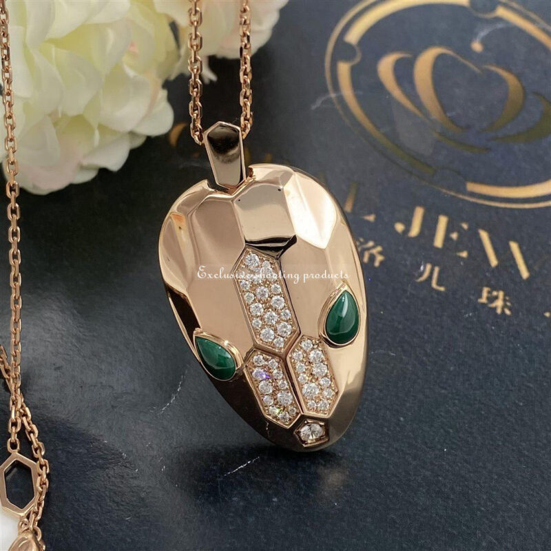 Bulgari Serpenti 352678 necklace with 18 kt rose gold pendant set with malachite eyes and demi pavé diamonds 2