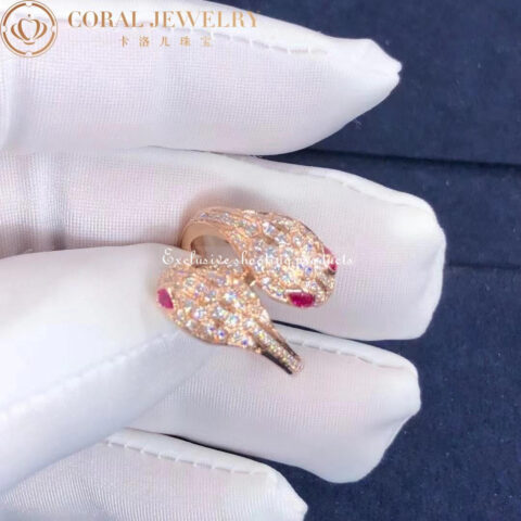 Bulgari Serpenti 358090 Seduttori 18 kt rose gold double head ring set with rubellite eyes and pavé diamonds 6