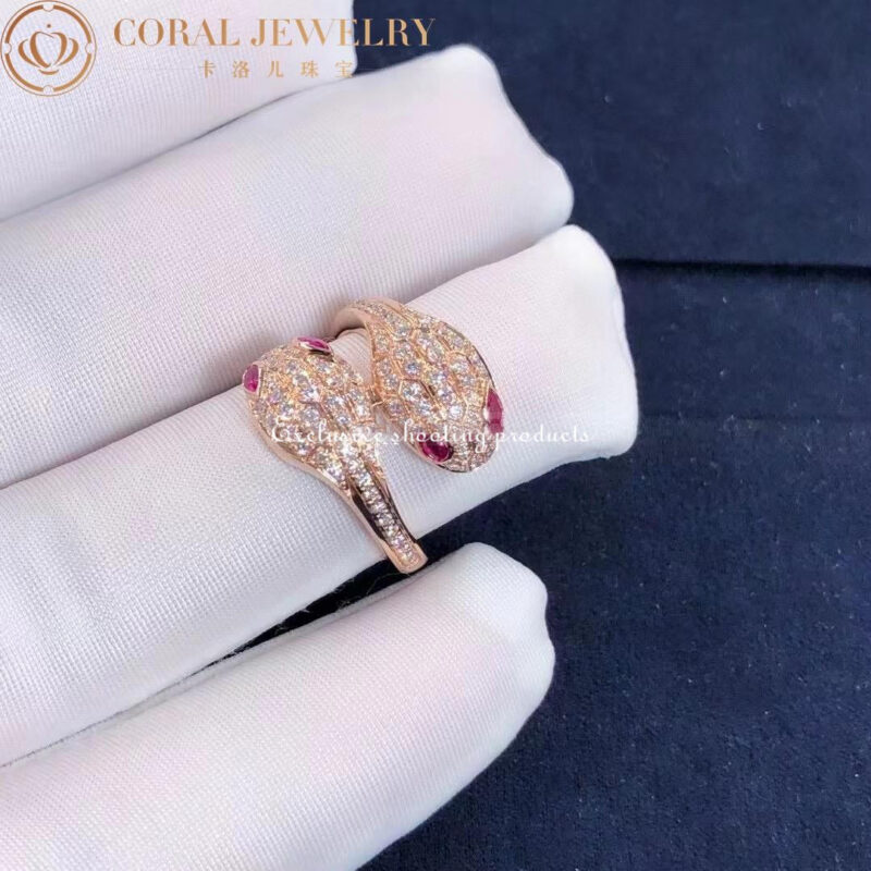 Bulgari Serpenti 358090 Seduttori 18 kt rose gold double head ring set with rubellite eyes and pavé diamonds 5