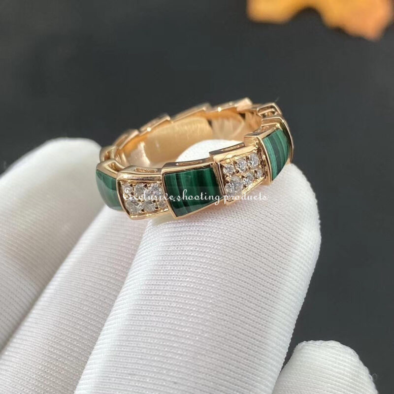 Bulgari Serpenti Viper 355032 18 kt rose gold ring set with malachite elements and pavé diamonds 7