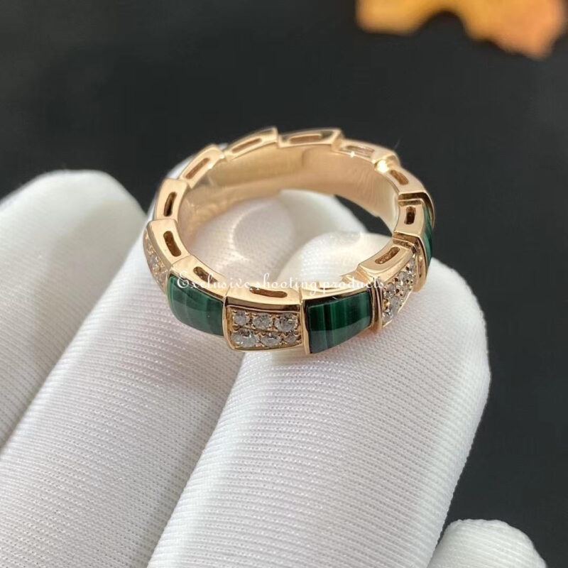 Bulgari Serpenti Viper 355032 18 kt rose gold ring set with malachite elements and pavé diamonds 4