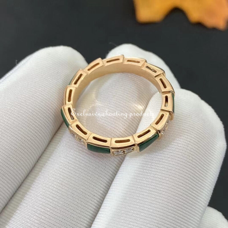 Bulgari Serpenti Viper 356758 18 kt rose gold thin ring set with malachite elements and pavé diamonds 4