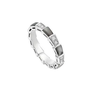 Bulgari Serpenti AN857934 Viper 18 kt white gold thin ring set with grey mother-of-pear elements and pavé diamonds 1