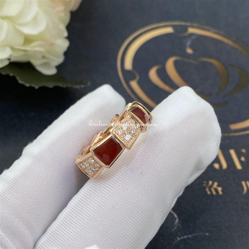 Bulgari Serpenti 353354 Viper band Ring in 18 kt rose gold with carnelian and pavé diamonds Width 6 mm 2