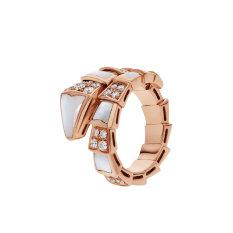 Bulgari Serpenti 350668 Viper one-coil ring in 18 kt rose gold set with mother-of-pearl elements and pavé diamonds 1