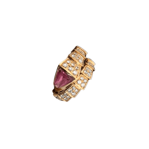 Bulgari 347594-RG Serpenti Viper ring in 18 kt rose gold set with full pavé diamonds and a rubellite on the head 1