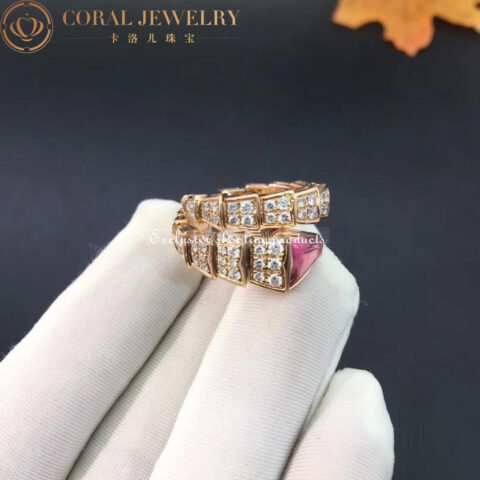 Bulgari 347594-RG Serpenti Viper ring in 18 kt rose gold set with full pavé diamonds and a rubellite on the head 6