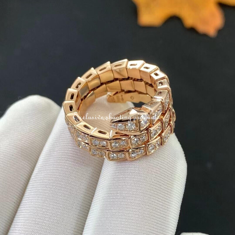 Bulgari 357257 Serpenti Viper two-coil 18 kt rose gold ring set with pavé diamonds 2