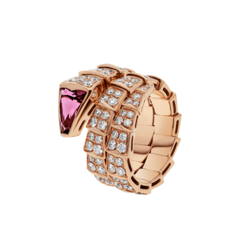 Bulgari Serpenti 347594 Viper two-coil ring in 18 kt rose gold set with full pavé diamonds and a rubellite on the head 1