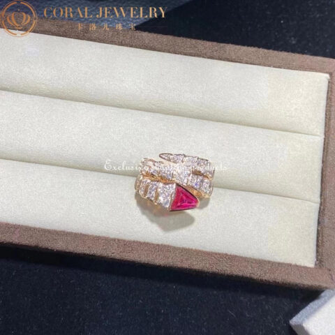 Bulgari Serpenti 347594 Viper two-coil ring in 18 kt rose gold set with full pavé diamonds and a rubellite on the head 15