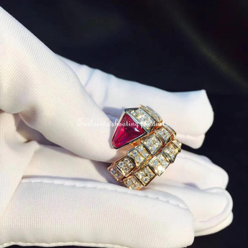 Bulgari Serpenti 347594 Viper two-coil ring in 18 kt rose gold set with full pavé diamonds and a rubellite on the head 6