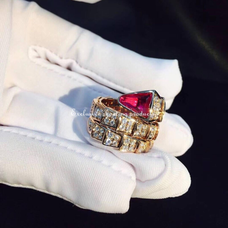 Bulgari Serpenti 347594 Viper two-coil ring in 18 kt rose gold set with full pavé diamonds and a rubellite on the head 5