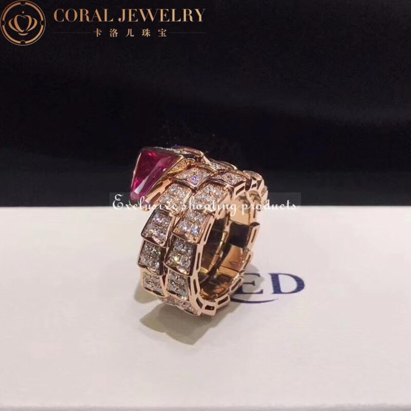 Bulgari Serpenti 347594 Viper two-coil ring in 18 kt rose gold set with full pavé diamonds and a rubellite on the head 4