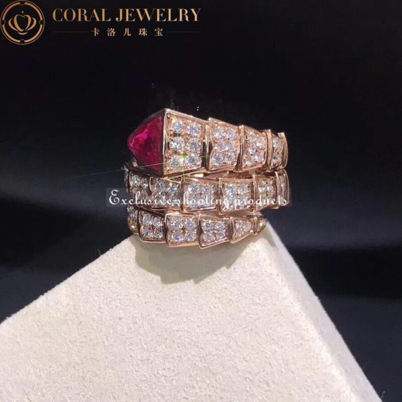 Bulgari Serpenti 347594 Viper two-coil ring in 18 kt rose gold set with full pavé diamonds and a rubellite on the head 3