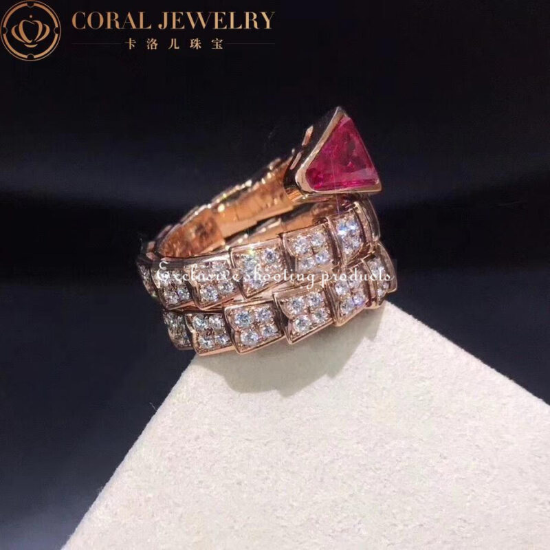 Bulgari Serpenti 347594 Viper two-coil ring in 18 kt rose gold set with full pavé diamonds and a rubellite on the head 2