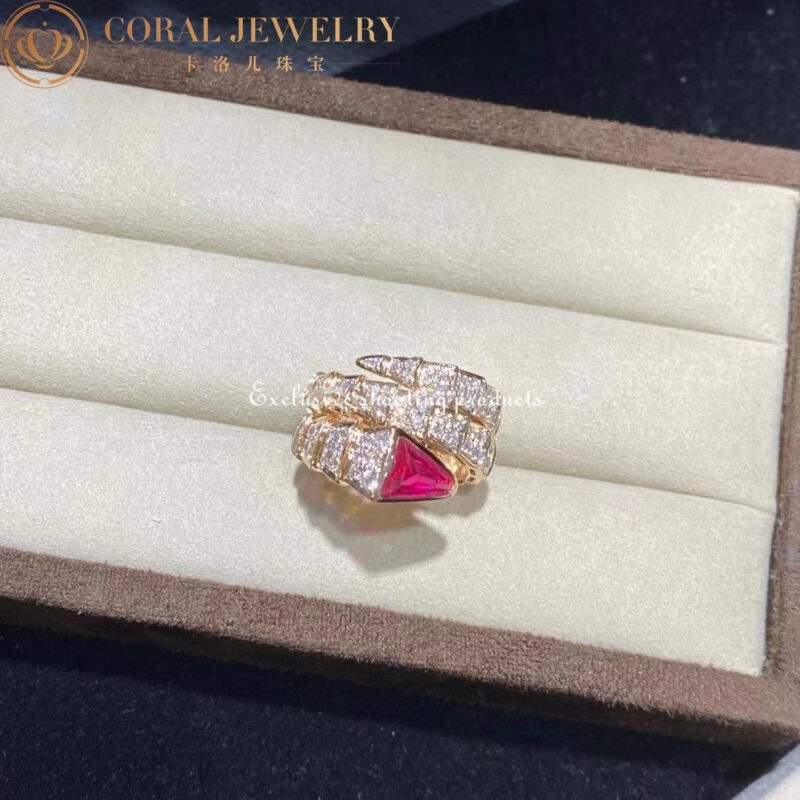 Bulgari Serpenti 347594 Viper two-coil ring in 18 kt rose gold set with full pavé diamonds and a rubellite on the head 14