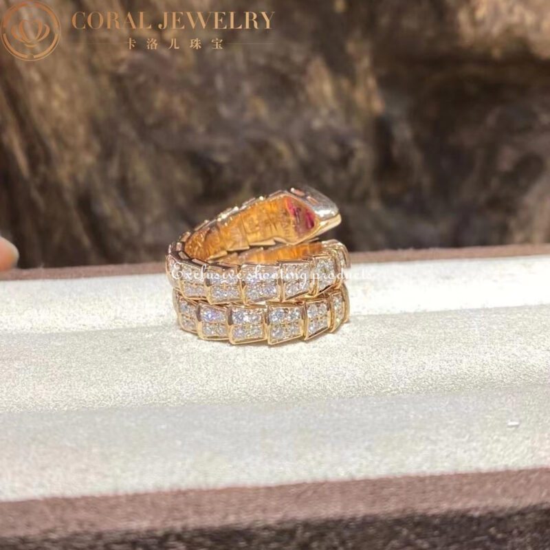 Bulgari Serpenti 347594 Viper two-coil ring in 18 kt rose gold set with full pavé diamonds and a rubellite on the head 13