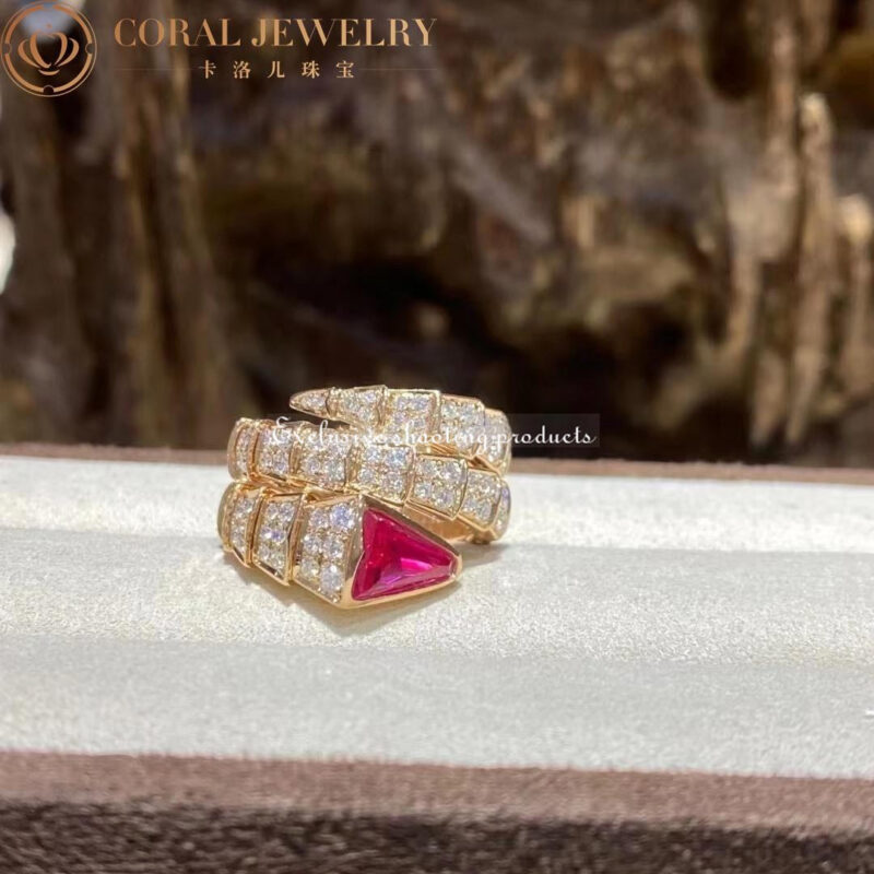 Bulgari Serpenti 347594 Viper two-coil ring in 18 kt rose gold set with full pavé diamonds and a rubellite on the head 12