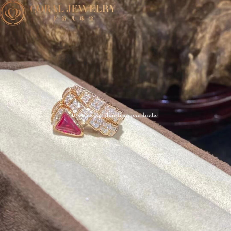 Bulgari Serpenti 347594 Viper two-coil ring in 18 kt rose gold set with full pavé diamonds and a rubellite on the head 11