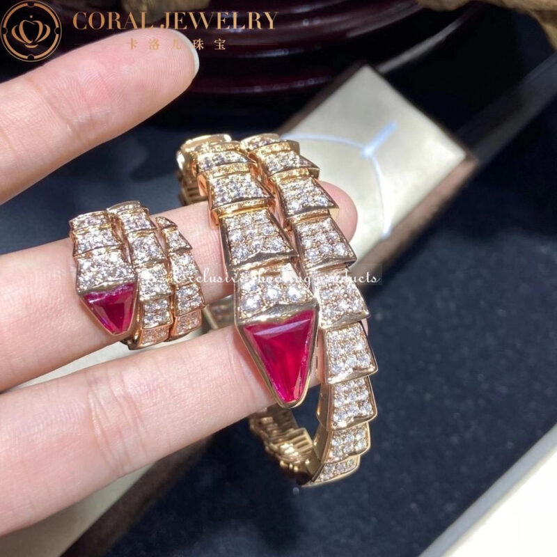 Bulgari Serpenti 347594 Viper two-coil ring in 18 kt rose gold set with full pavé diamonds and a rubellite on the head 9