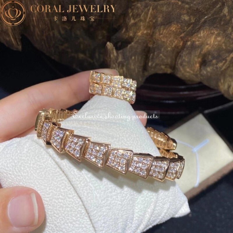 Bulgari Serpenti 347594 Viper two-coil ring in 18 kt rose gold set with full pavé diamonds and a rubellite on the head 8