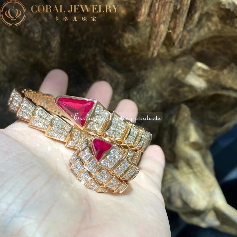 Bulgari Serpenti 347594 Viper two-coil ring in 18 kt rose gold set with full pavé diamonds and a rubellite on the head 7