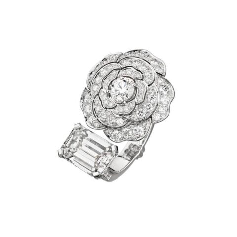 Chanel Camélia Contraste Blanc Ring in White Gold and 5CT Emerald-cut Diamond Ring 1