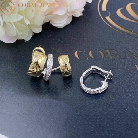 Chanel Coco Crush Earrings J11191 Quilted Motif 18k White and Yellow Gold Diamonds 6