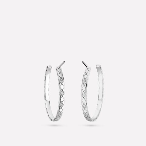 Chanel Coco Crush Hoop J12094 Earrings Quilted Motif 18k White Gold Diamonds 1