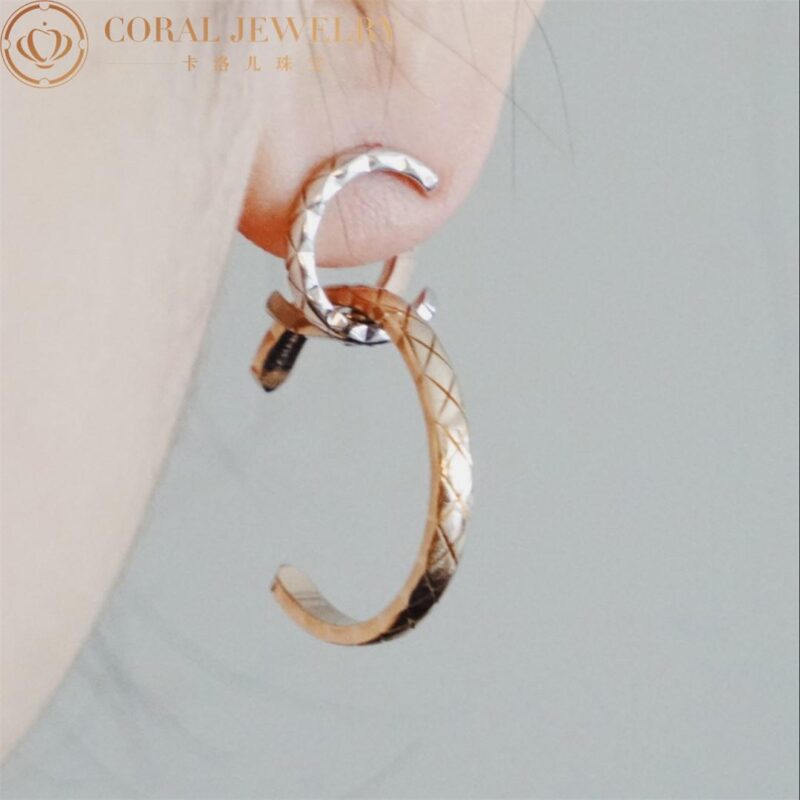 Chanel Coco Crush Hoops J11974 Quilted Motif 18k White and Beige Gold 3