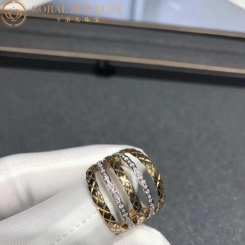 Chanel Coco Crush Ring J11335 Quilted Motif 18k White and Yellow Gold Diamond 4